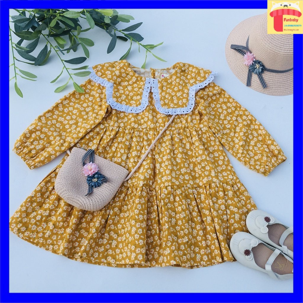 Váy dài tay bé gái 2-10 tuổi cổ xòe viền ren, Đầm thu đông cho bé vải cà bông dày dặn mềm mại kiểu dáng điệu đà