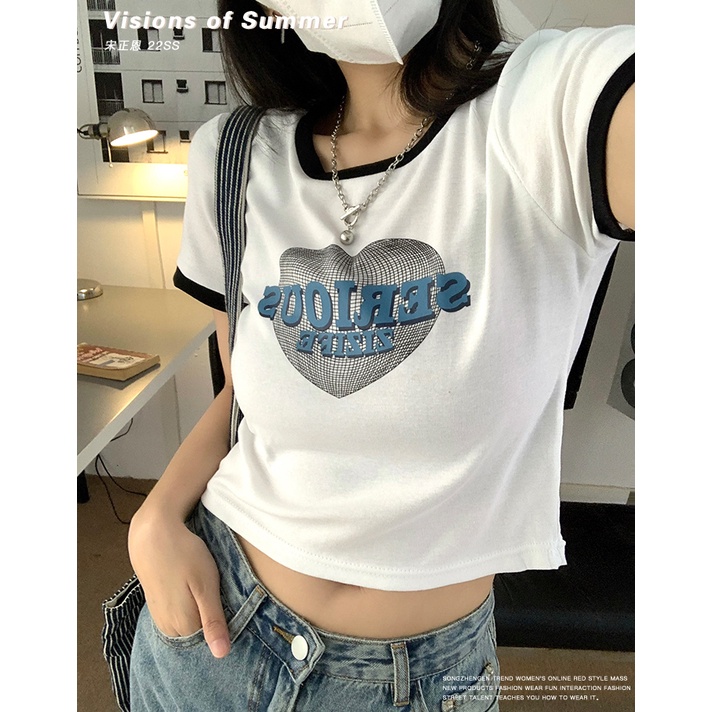 Áo Thun cotton Ngắn Tay Hở Vai Ôm Dáng Màu Sắc Tương Phản Thời Trang Cho Nữ