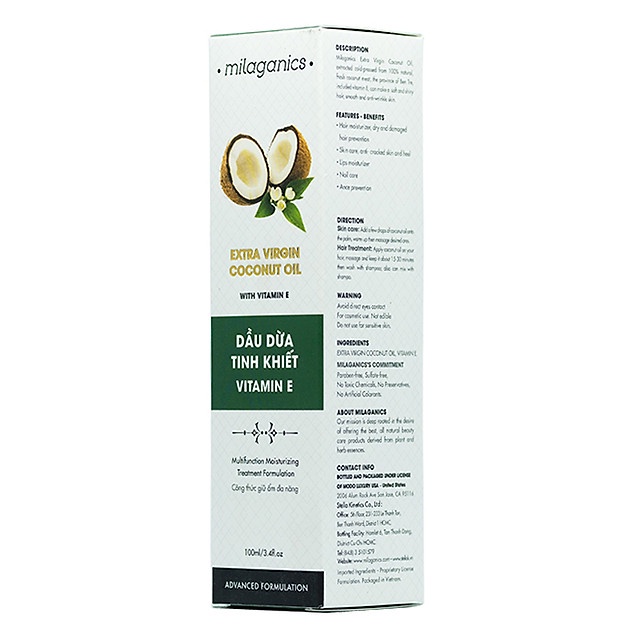 [Mã INCU1708 hoàn 15K xu đơn 50K] Dầu Dừa Tinh Khiết Vitamin E Milaganics Chai 100ml | BigBuy360 - bigbuy360.vn