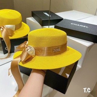 Mũ cói cước vành phẳng Dior nơ dài