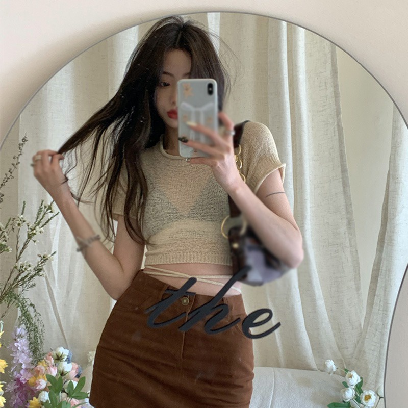 Áo Thun Lửng Tay Ngắn Cổ Tròn Lưng Thắt Dây Thời Trang Cho Nữ