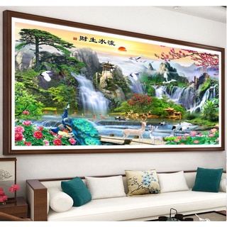 Tranh thêu chữ thập phong cảnh thiên nhiên lưu thủy sinh tài 195x90cm