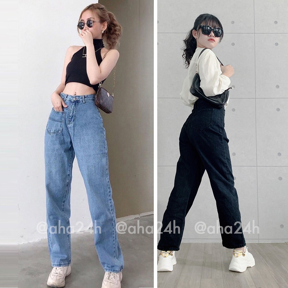 Quần jean nữ Baggy suông ống rộng 2 màu xanh đen có túi AH1503-6F7