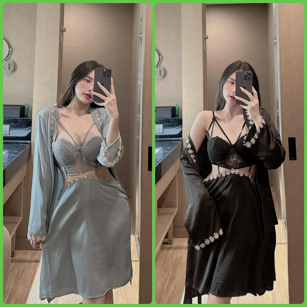 Set choàng đầm ngủ sexy ren hoa mai 6 màu hàng thiết kế