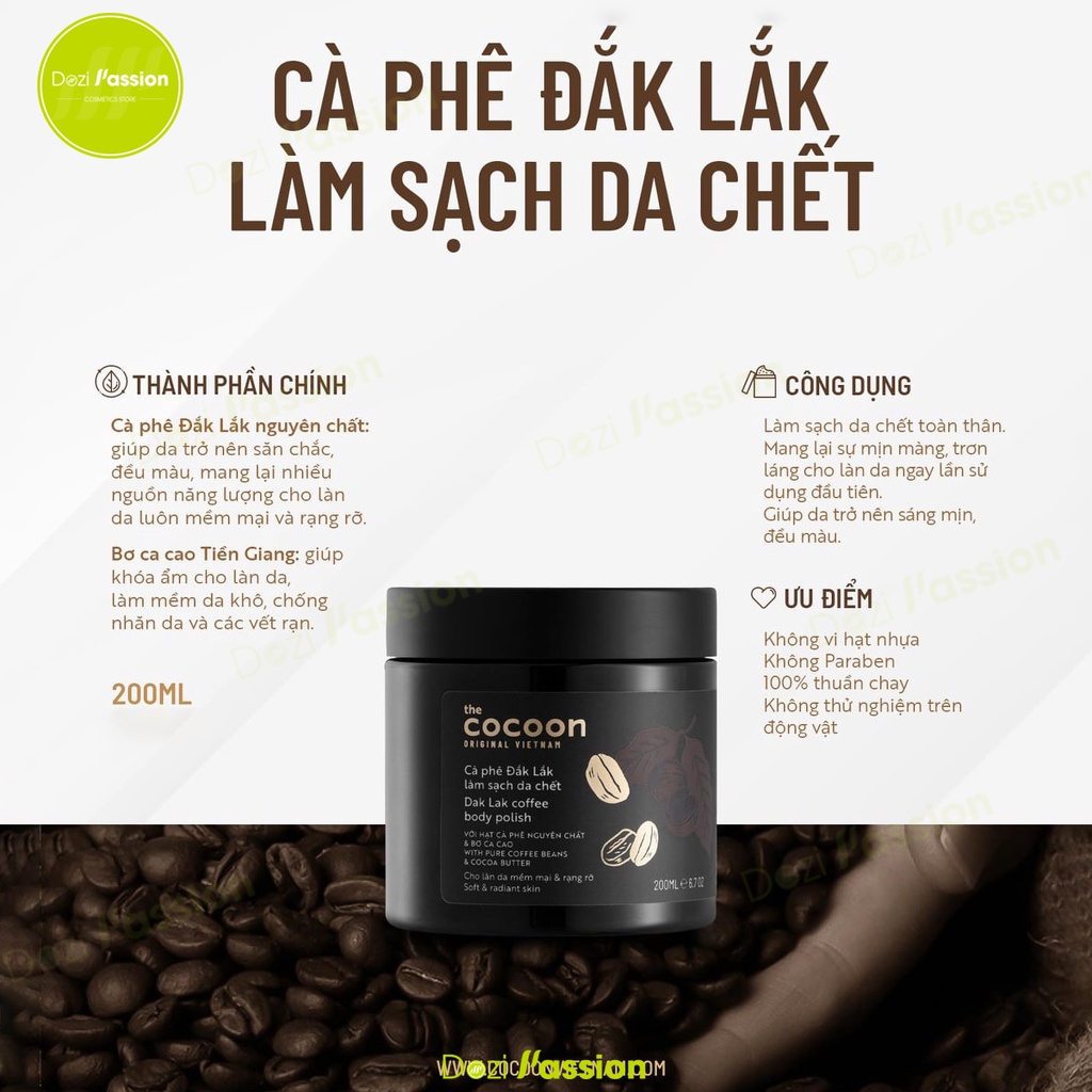 Tẩy Tế Bào Chết Body Cocoon Cà Phê Đắk Lắk Giúp Da Trắng Sáng Mịn Màng - Cocoon Dak Lak Coffee Body Polish 200ml