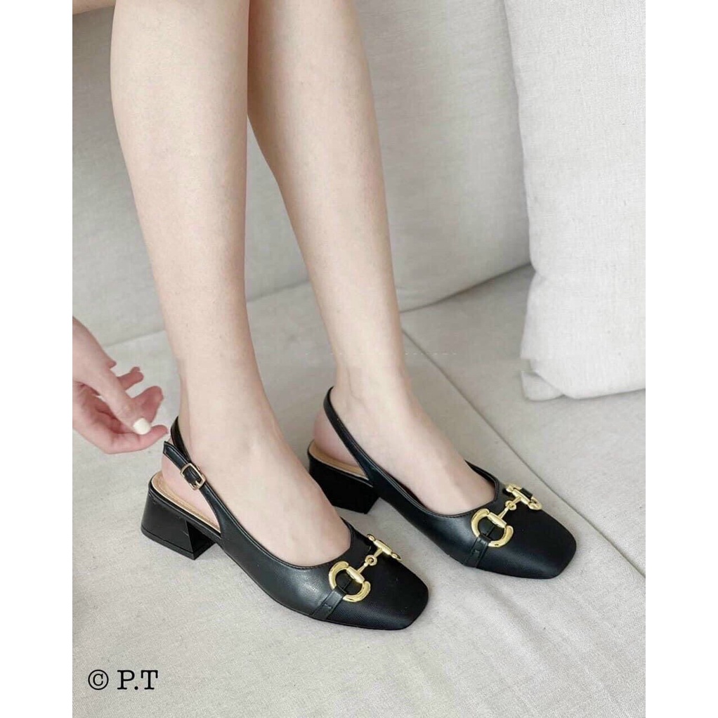 Giày sandal nữ quai xích ngang mũi vuông pha da gót 3cm xinh xắn
