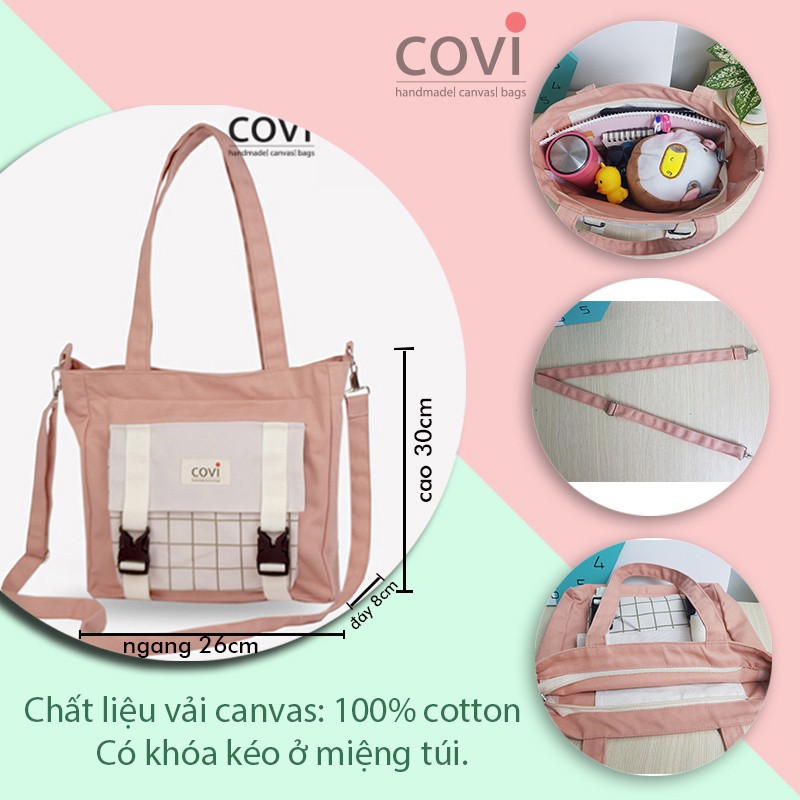 Túi Vải Đeo Chéo Vải Canvas Hàn Quốc Phối 2 Khoen Cài Trước Thương Hiệu COVI Màu Đen Xanh Hồng T12