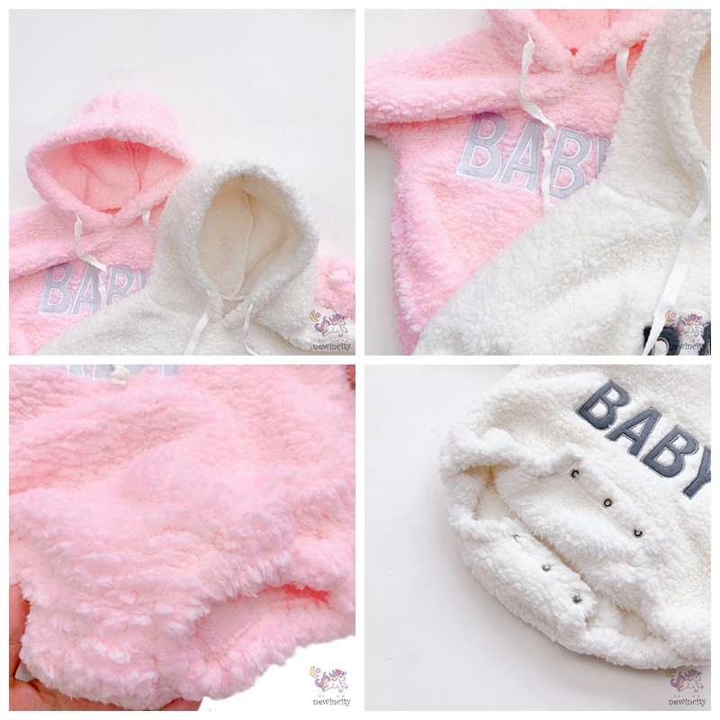 Bộ áo liền quần lông nhung phối mũ trùm phong cách Hàn Quốc đáng yêu cho bé gái sơ sinh