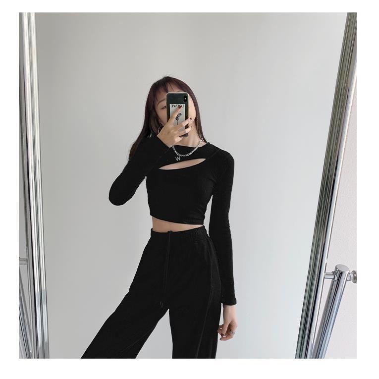 COZOK Áo Thun Dài Tay Vải Mỏng Khoét Ngực Gợi Cảm