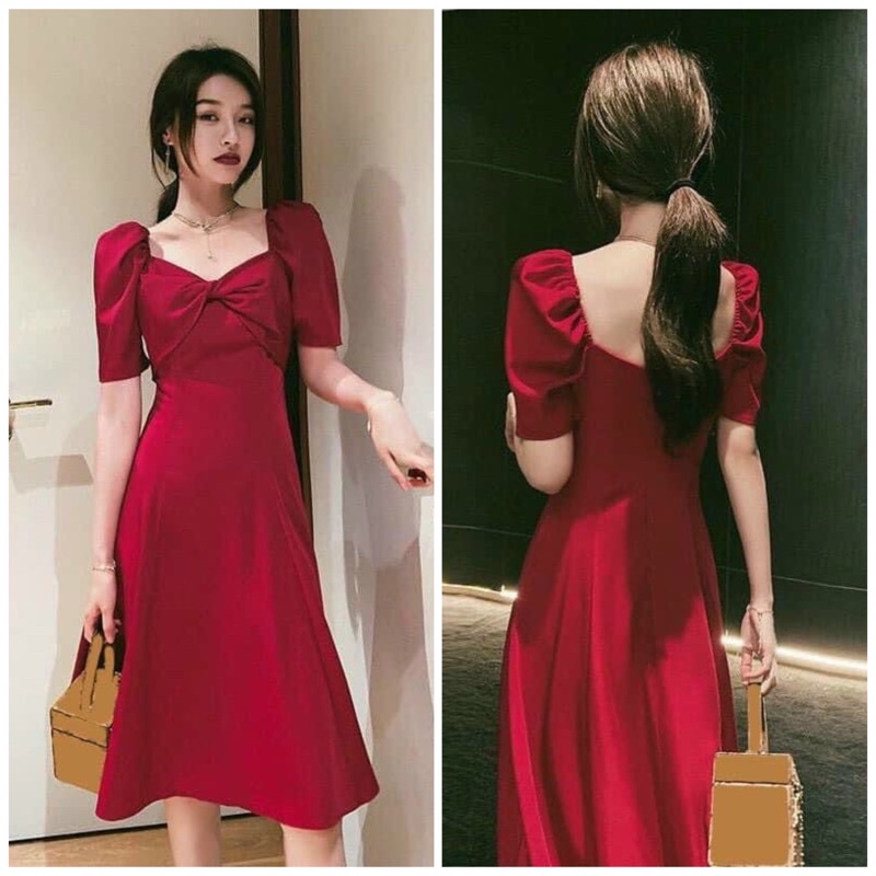Đầm đỏ xoắn cổ tay ngắn