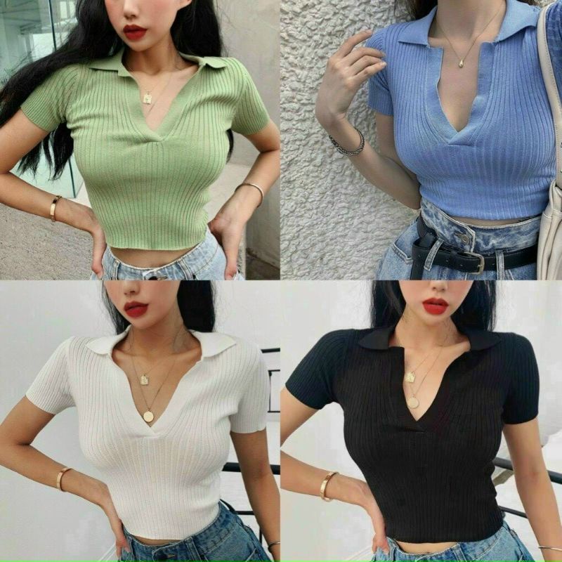 Áo thun cổ V tay ngắn Croptop A15