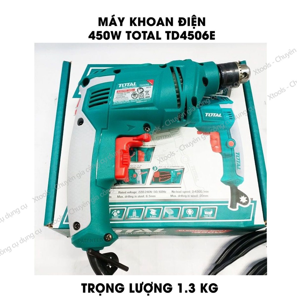 Máy khoan cầm tay TOTAL TD4506E công suất 450w, tốc độ 3200rpm, đầu khoan 6.5mm, khả năng khoan sắt 6mm, khoan gỗ 20mm,