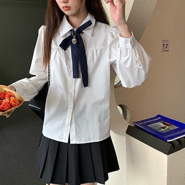 Áo sơ mi màu trơn dài tay thắt nơ xinh xắn thời trang Hàn Quốc cho nữ
