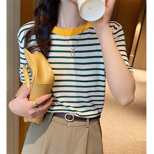 QADCOL  Áo Thun Dệt Kim Ngắn Tay Họa Tiết Kẻ Sọc Phong Cách Hàn Quốc Cho Nữ