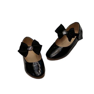 Giày búp bê bé gái màu đen da bóng nơ quai ngang