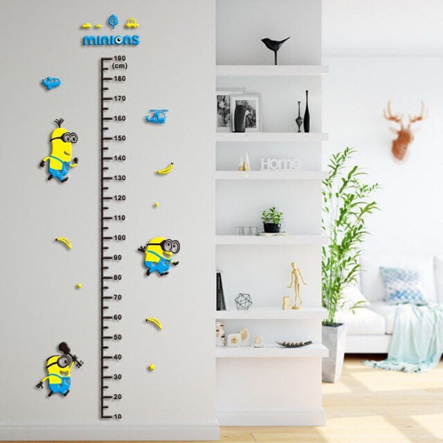 Tranh mica 3D dán tường phòng bé, phòng khách phong cách Hàn Quốc, decal dán tường - Tranh thước đo chiều cao Minion