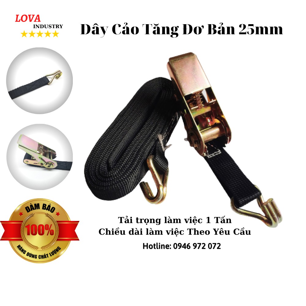Dây Cảo Tăng Đơ Chằng Hàng Bản 25mm Màu Đen Có móc J, Dây polyester Chiều dài tùy chọn Theo yêu cầu