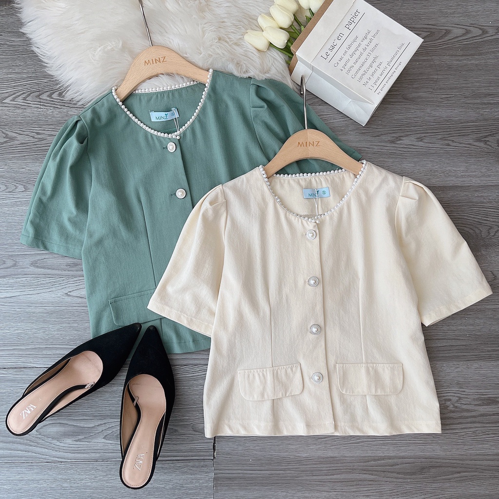 Áo Sơ Mi Công Sở Nữ MINZSTORE Dáng Lửng, Cổ Ngọc 2 Nắp Túi, Phong Cách Hàn Quốc