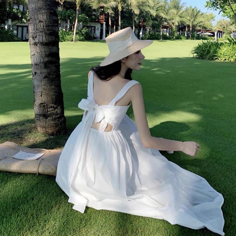 Váy 2 dây đầm maxi trắng nữ thắt nơ lưng váy dài đi biển xixeoshop - V31