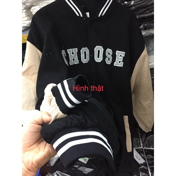 Áo khoác bomber nhung tăm thêu CHOOSE, hàng 2 lớp dày dặn freesize