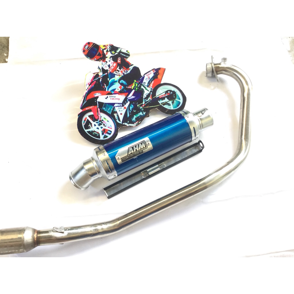 Bộ pô AHM xanh FULL CỔ INOX THẲNG WAVE, SI, CUP, DREAM, EXCITER, WINER, SONIC, RAIDER FI, SATRIA, GSX