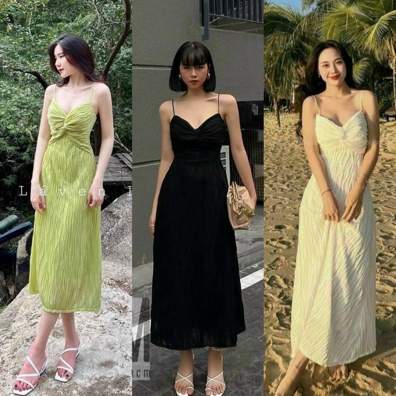 Đầm váy midi dài 2 dây xoắn ngực xanh lá chuối/trắng/đen quyến rũ gợi cảm thời trang hot girl đi chơi dạo phố dự tiệc