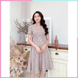 Váy thiết kế - đầm kẻ cổ vest kèm đai - mặc siêu xinh