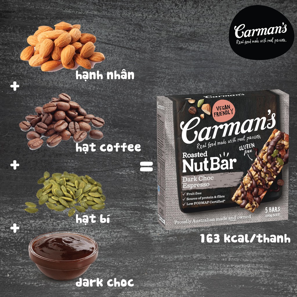 Thanh Hạt Ăn Kiêng Carman's Nut Bar Dark Choc Espresso - Việt Quất & Sữa chua Hy Lạp - Hộp 160g