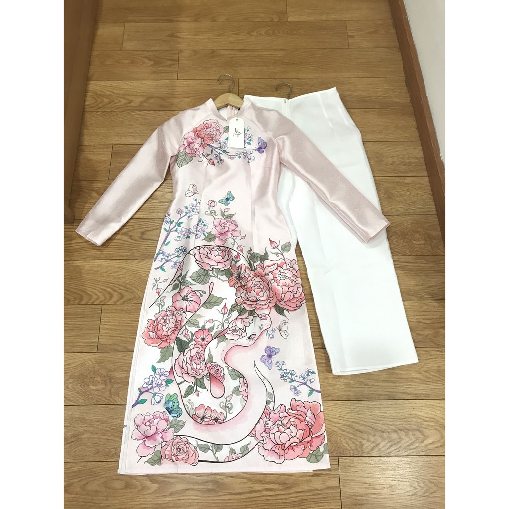 Áo dài Lép Lệ hoa - Hồng phấn "hoat tiết hoa phối họa tiết rắn"