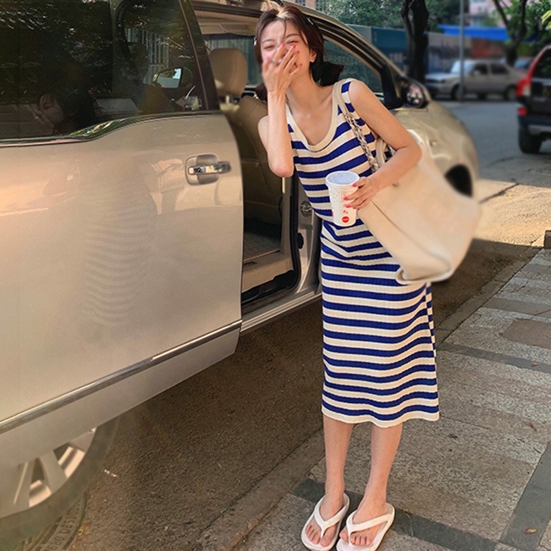 Đầm Dệt Kim Sát Nách Cổ Tròn Họa Tiết Kẻ Sọc Thời Trang Mùa Hè Cho Nữ