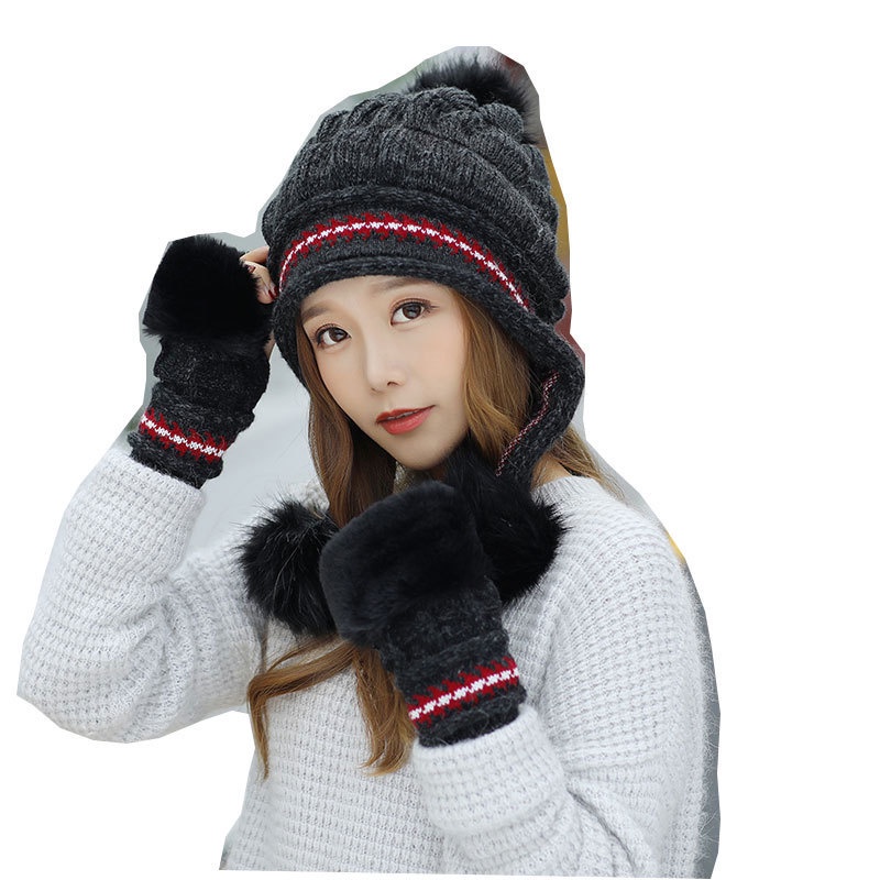 Set mũ và găng len dày dặn ấm áp thời trang phong cách Hàn Quốc cho nữ