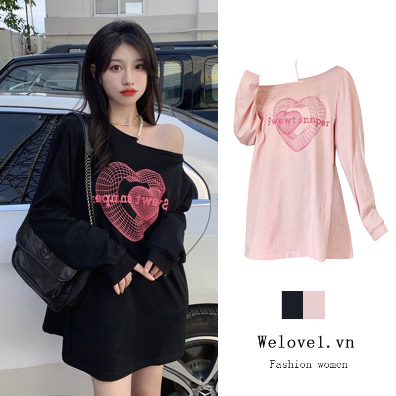 Áo thun dài tay trễ vai in họa tiết phong cách Hàn Quốc thời trang dành cho nữ | BigBuy360 - bigbuy360.vn