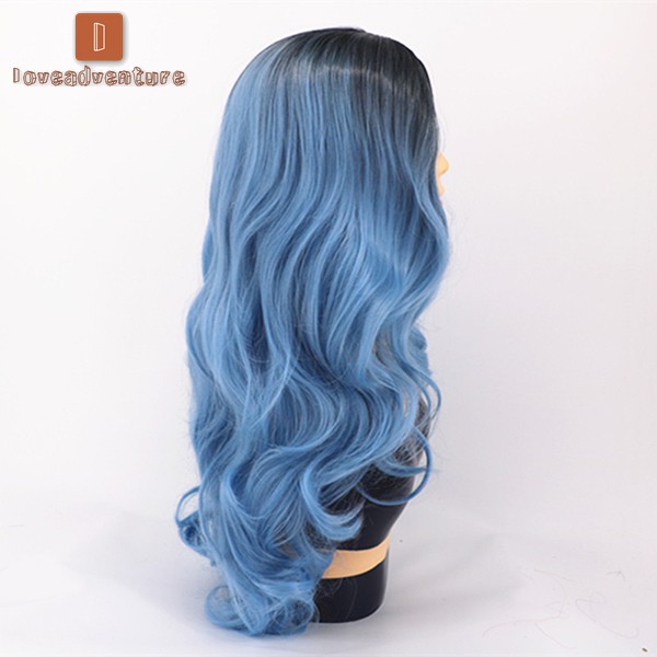 LV△ Women Gradient Blue Long Curly Wig Synthetic Curly Wavy Hair Heat Resistant Wig