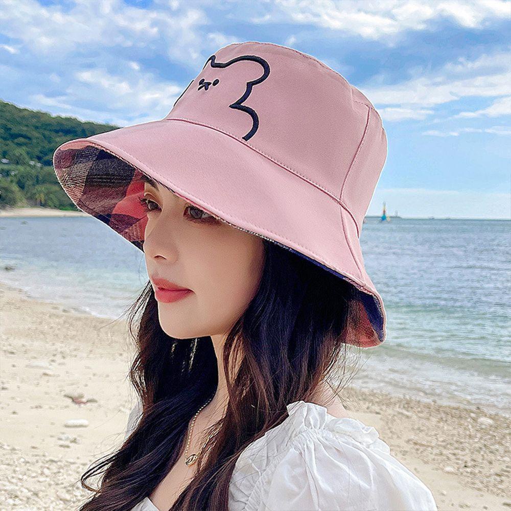 Nón Tai Bèo Chống Nắng Bằng Cotton Họa Tiết Gấu Lấp Lánh Có Thể Đảo Ngược Cho Nữ