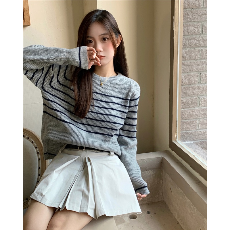 Porozi  Áo Sweater Dệt Kim Tay Dài Cổ Tròn Kẻ Sọc Kiểu Hàn Quốc Xinh Xắn Cho Nữ