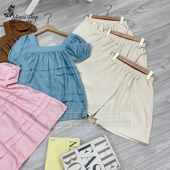 Set bộ nữ áo kiểu babydoll cổ vuông tay bồng phối quần short, thời trang nữ dự tiệc, dạo phố Minxu Shop SE07