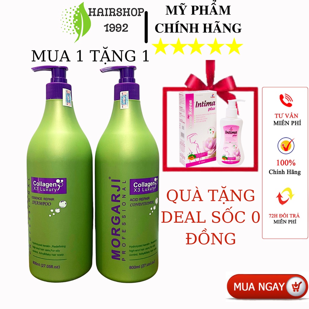 Dầu Gội Xả Colagen MORGARJI Phục Hồi Tóc Hư Tổn Siêu Mượt Hương Thơm Hoa Quả 800ml * 2. Bộ Dầu Gội Colagen