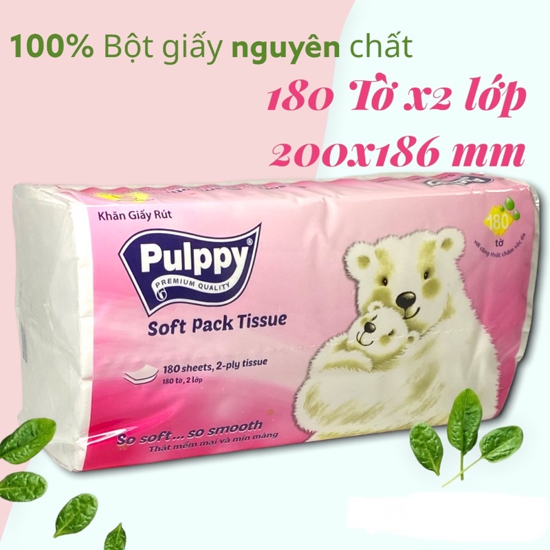 Khăn Giấy Rút Pulppy Soft Pack Tissue 180Tờ 2Lớp Giấy Gấu Trắng