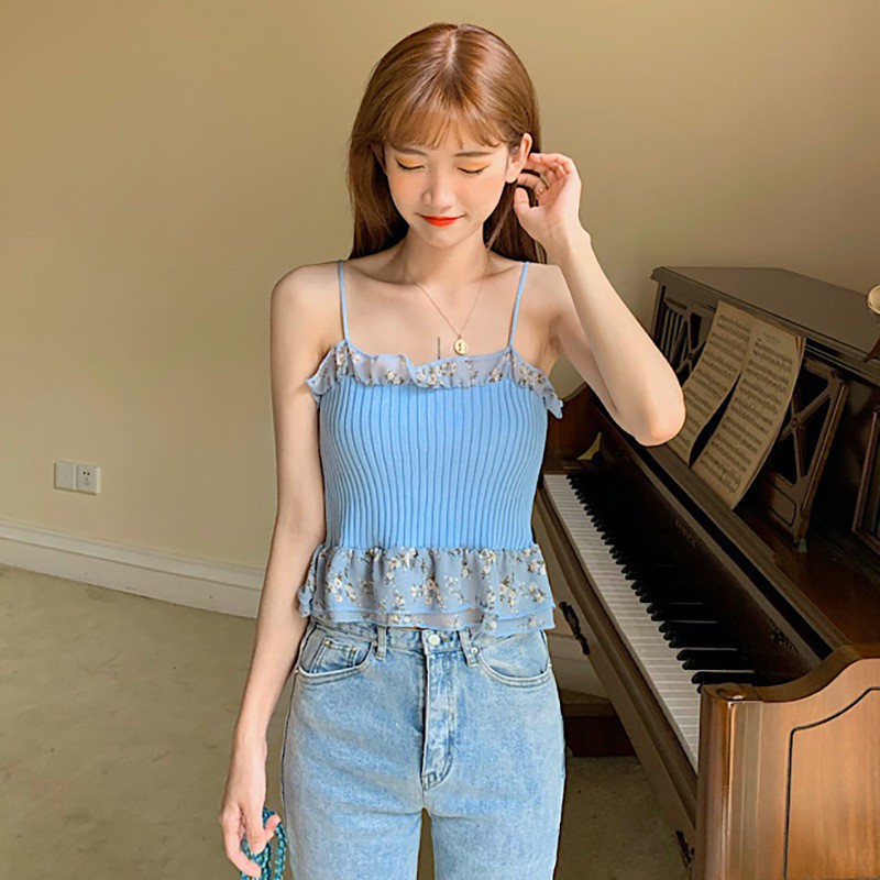 Áo dệt kim 2 dây in hoa xinh xắn cho nữ