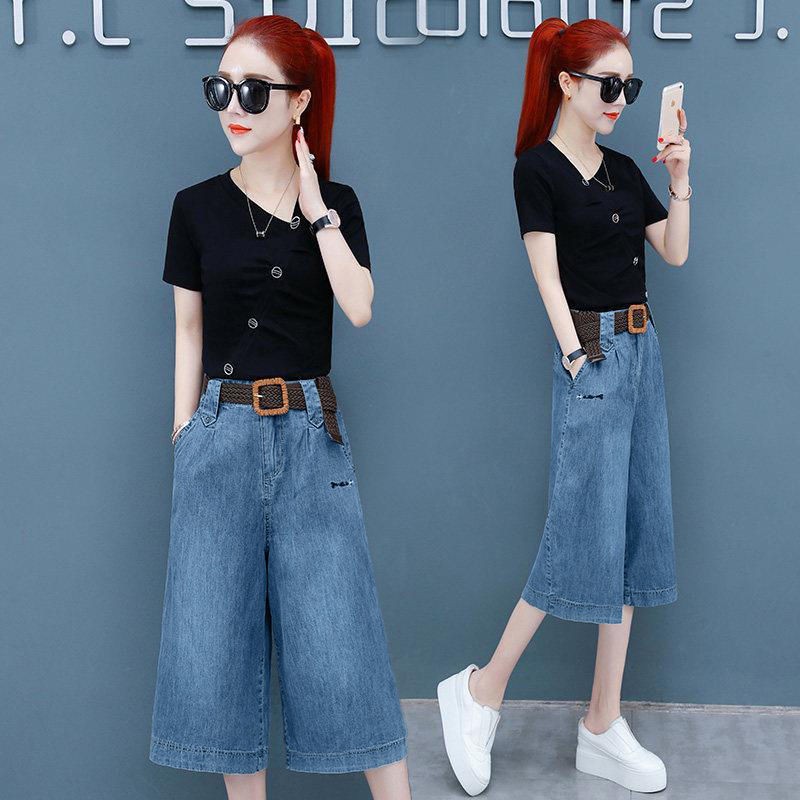 ✙Một mảnh / bộ đồ mùa hè quần ống rộng cắt xéo denim phù hợp với phụ nữ Phong cách phương Tây 2021 áo thun hai th