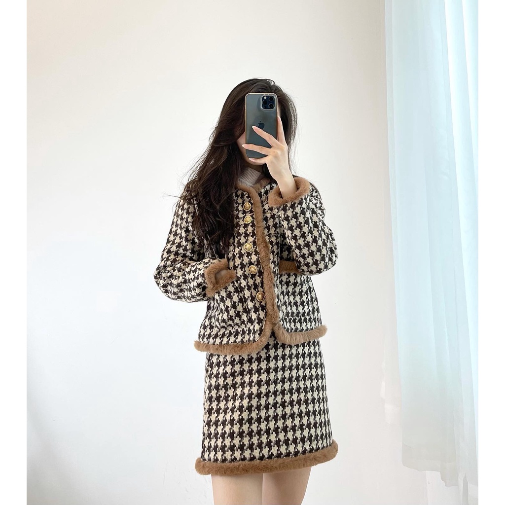(FREESHIP) Set dạ nâu viền lông hàng quảng châu cao cấp Miho house