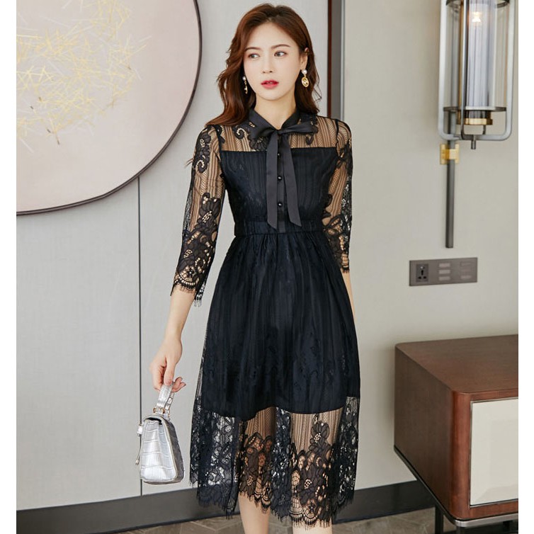 Đầm Ren Dáng Dài, Đầm Dáng Xòe Chữ A Họa Tiết Kèm Nơ Cổ Sang Trọng | BigBuy360 - bigbuy360.vn