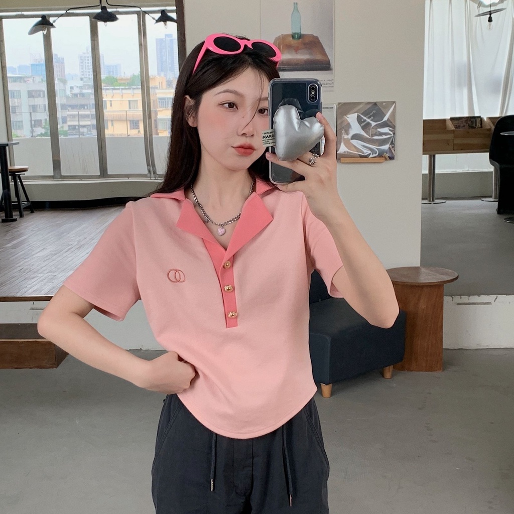 Áo thun polo dệt kim ZHELIHANGFEI tay ngắn dáng ôm dễ phối đồ thời trang cho nữ