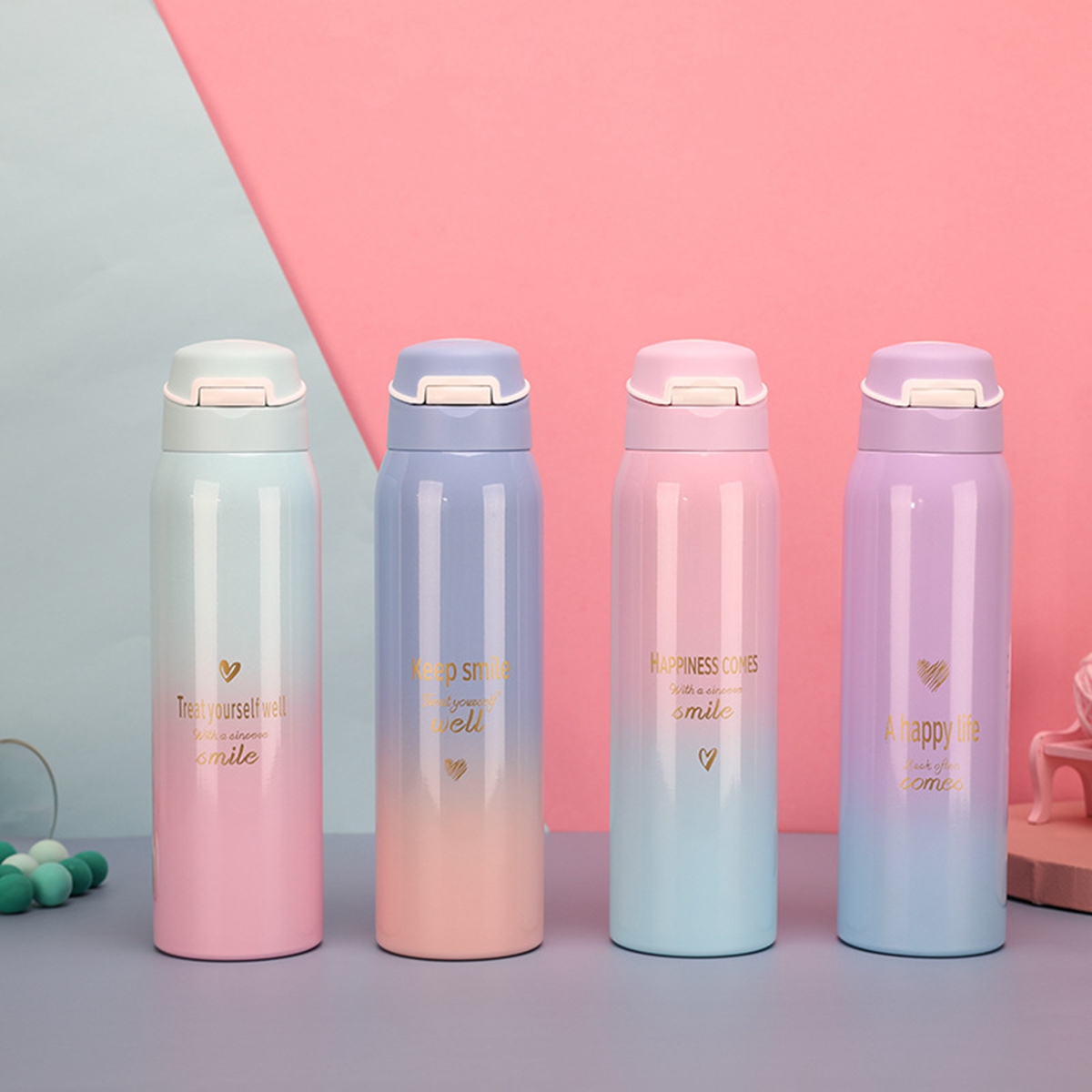 ALISON 480ml Thermos Cup Tea Milk Coffee Travel Tumbler Vacuum Flask Gradient Color with Straw Stainless Steel Colorful Mug Insulated Water Bottle/Multicolor