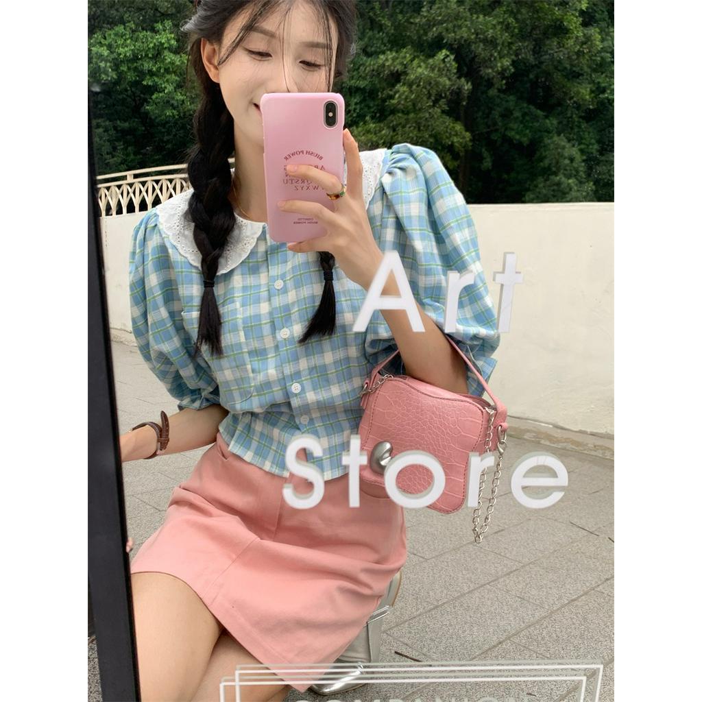 Áo Kiểu Tay Phồng Họa Tiết Sọc Caro Phong Cách Cổ Điển Thời Trang Mùa Hè Cho Nữ