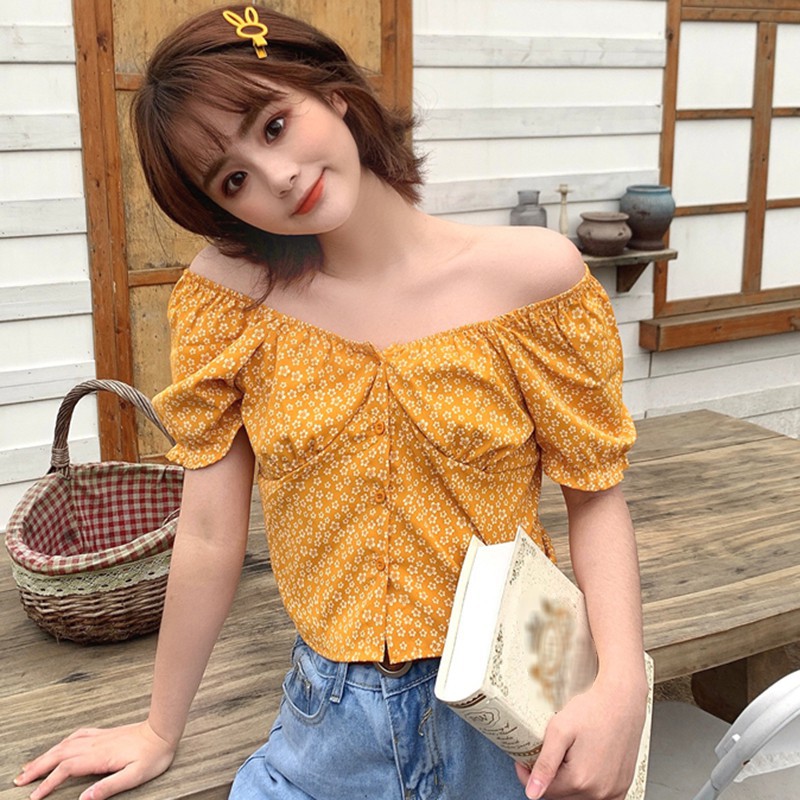 Áo Croptop Vải Voan Hoạ Tiết Hoa Thiết Kế Trễ Vai Quyến Rũ | BigBuy360 - bigbuy360.vn