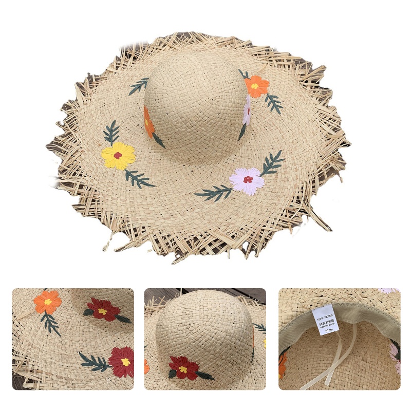 Nón Cói Rộng Vành Thêu Hoa Xinh Xắn Thời Trang Đi Biển Mùa Hè Cho Nữ