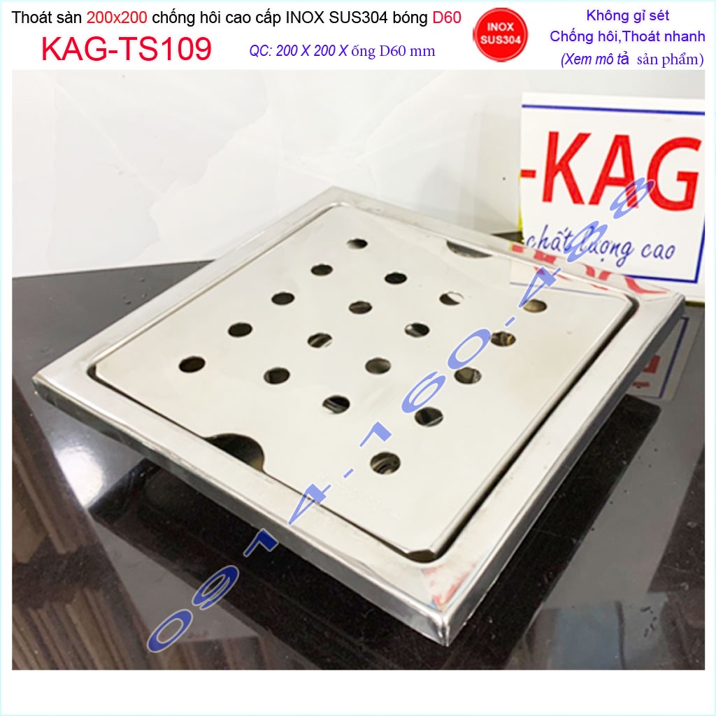 Phễu thoát sàn 20x20cm KAG-TS109-D60 Inox 304, thoát nước chống hôi nhà tắm mặt SUS304 dập khuôn D60 thoát nhanh