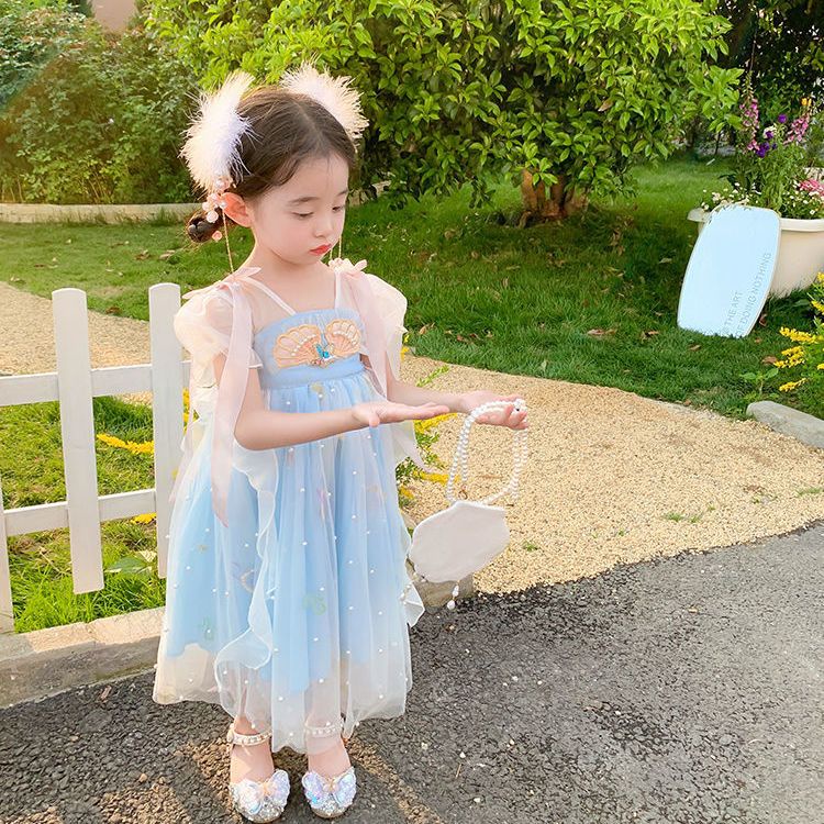 Đầm Hán Phục Tay Ngắn Phối Lưới Thêu Họa Tiết Thời Trang Mùa Hè 2022 Mới Phong Cách Trung Hoa Cho Bé Gái