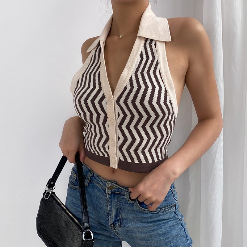 Crop top sexy V-neck suspender striped lapel knit vest